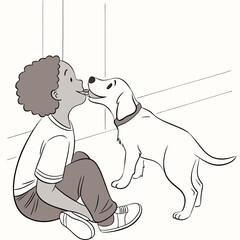 A happy young boy with curly hair is sitting on the floor and getting a kiss from his playful dog