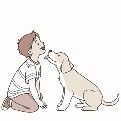 A young boy kneeling down looking up happily at his friendly dog giving him a lick