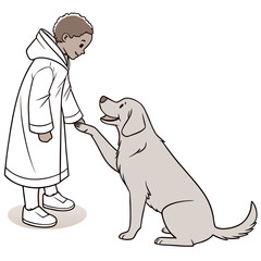 Friendly child in a white coat shakes paws with a happy dog sitting down