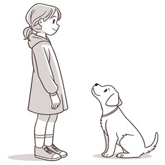 A young girl in a dress and sneakers stands looking at a cute happy dog sitting and looking up at her
