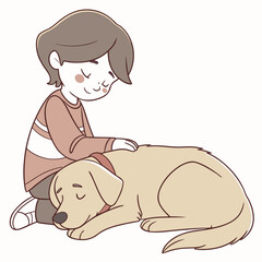 A young boy gently petting his sleeping golden retriever dog with love and care