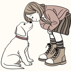 Young girl with short hair affectionately nuzzles her white dog nose to nose on a plain background