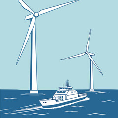 Modern ferry boat sails on blue ocean waves past towering offshore wind turbines under a clear sky