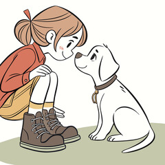 Young girl with brown hair and red jacket happily bonding with her white puppy dog outdoors