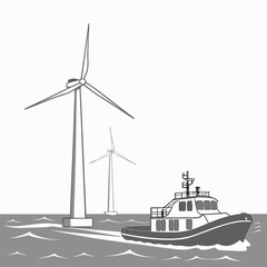 Modern offshore wind turbines stand tall in the ocean with a pilot boat sailing nearby