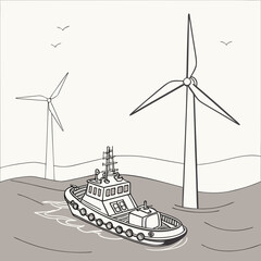 Tugboat navigates the ocean near offshore wind turbines and flying seagulls in a stylized illustration
