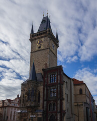 Fototapeta premium Old town square tower with cloudy sky. Prague, Czech republic