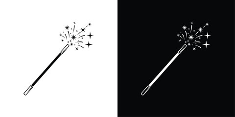 Magic Wand Vector with Sparkles and Stars, Black and White Minimal Illustration Symbolizing Power, Energy, and Fantasy