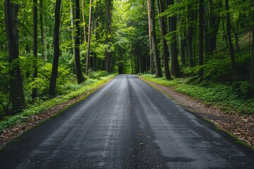 Obraz premium Serene Road through Lush Green Forest: A Journey into Nature's Embrace