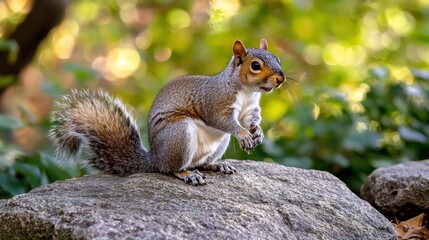 A squirrel sitting on a rock in a forested area.