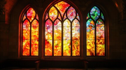 Three stained glass windows with vibrant colors in a church setting.
