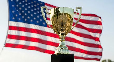 Celebrating national excellence with a first-place gold trophy award against the patriotic backdrop of the United States flag
