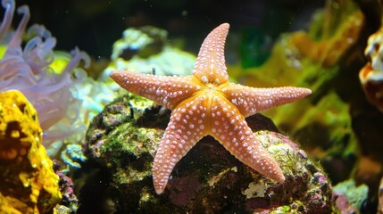 A starfish with pink and white polka dots on a rock in an aquarium.