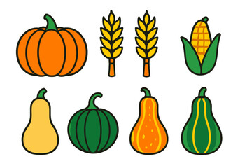 Vibrant set of autumn harvest produce icons featuring pumpkins gourds corn and wheat stalks