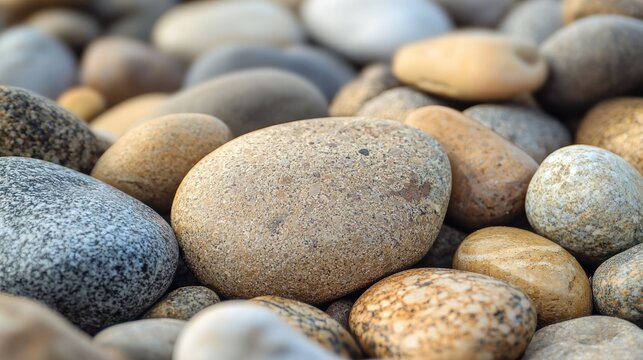 A pile of round, smooth, grayish-brown pebbles with some white and yellow ones mixed in. - Powered by Adobe
