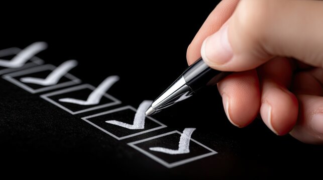 Hand holding pen marking completed tasks on checklist against black background, symbolizing productivity and organization ideals