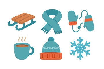 Sled, warm scarf, knit hat, mittens, hot cocoa mug, and snowflake symbol for winter