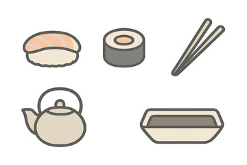 Minimalist collection of Japanese cuisine elements including sushi, chopsticks, teapot, and soy sauce dish