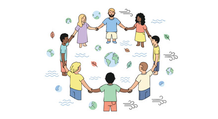 A diverse group of people holding hands in a circle around the Earth, symbolizing unity, environmental protection, and global community, with leaves and wind elements.