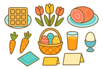 Spring holiday brunch assortment featuring baked ham, waffle, tulips, carrots, juice, and Easter eggs