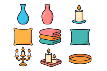 Decorative household and spa items including vases, burning candles, soft pillows, and folded towels
