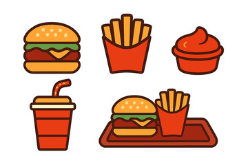 Classic fast food meal set featuring cheeseburger, french fries, soda, and dipping sauce