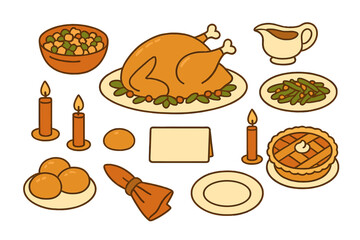 Traditional holiday dinner spread with roasted turkey, pumpkin pie, gravy, and side dishes