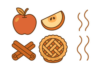 Autumn baking ingredients set with whole apple, sliced fruit, cinnamon sticks, and freshly baked apple pie