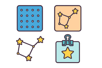 Abstract symbols set featuring constellations, dotted grid pattern, and star rating icon on a clipboard