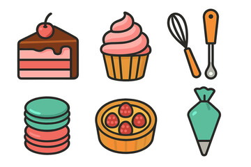 Colorful set of baking and pastry items: cake, cupcake, macarons, whisk, piping bag, and tart