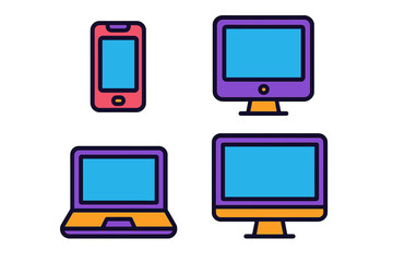Colorful collection of electronic devices: smartphone, laptop, and desktop monitors
