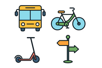 Urban mobility and navigation symbols featuring a bus, bicycle, scooter, and directional arrows