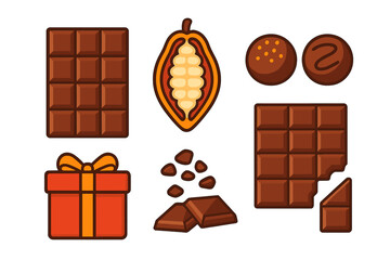 Chocolate bars, cocoa pod, truffles, and gift box elements for sweet desserts