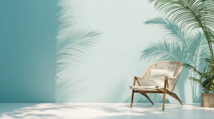 A white chair with a cushion and a potted plant in a minimalist room with a light blue wall and palm leaves casting shadows.