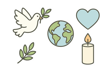 Universal symbols of peace and hope including a dove, olive branch, globe, heart, and lit candle