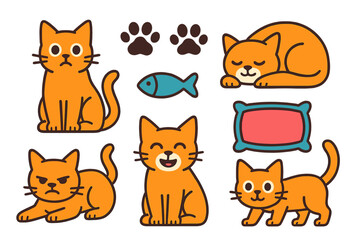 Set of adorable orange cats showing various emotions and actions with pet accessories