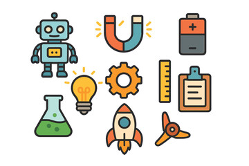 Essential icons for science, technology, engineering, and math concepts on a white background