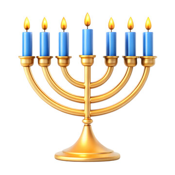 Golden hanukkah menorah with seven blue candles lit, isolated on transparent background