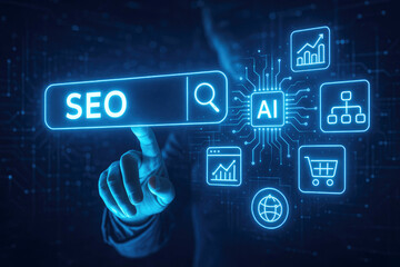 Person pointing at SEO and AI icons on digital interface with charts and graphs finger search engine optimization