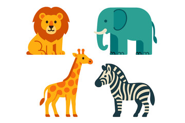 Stylized African safari animals set including lion elephant giraffe and zebra