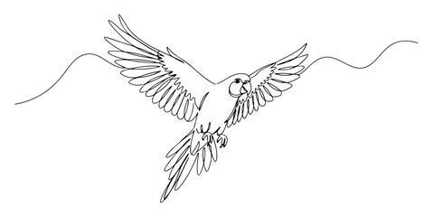 Continuous one line of a flying parrot spreading its wings, style vector illustration.
