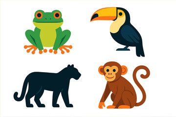 Obraz premium Stylized set of jungle wildlife including frog, toucan, black panther, and monkey