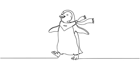 Fototapeta premium Continuous one line of a penguin wearing a scarf walking cheerfully, style vector illustration. 