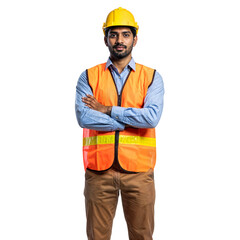 Confident Male Construction Worker with Hard Hat and Safety Vest, Arms Crossed, on Isolated transparent background