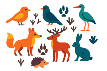 Cute woodland wildlife set featuring deer, fox, rabbit, hedgehog, and birds with various animal tracks