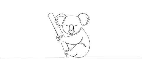 Continuous one line koala hugging a wooden branch, style vector illustration.
