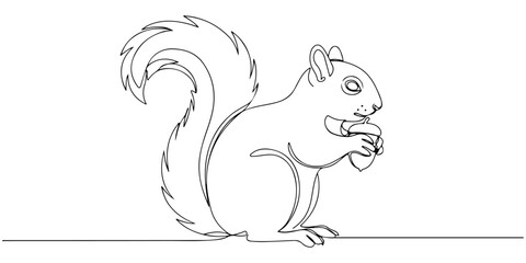 Continuous one line of squirrel holding an acorn, style vector illustration.
