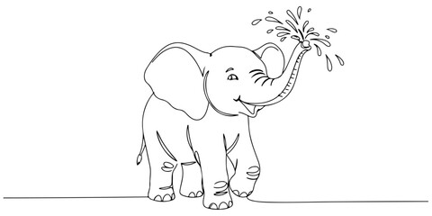 Continuous one line drawing of a baby elephant cheerfully spraying water using its trunk, style vector illustration.