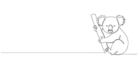 Continuous one line koala hugging a wooden branch, style vector illustration.
