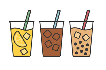 Variety of refreshing cold beverages including lemonade, iced coffee, and bubble tea
